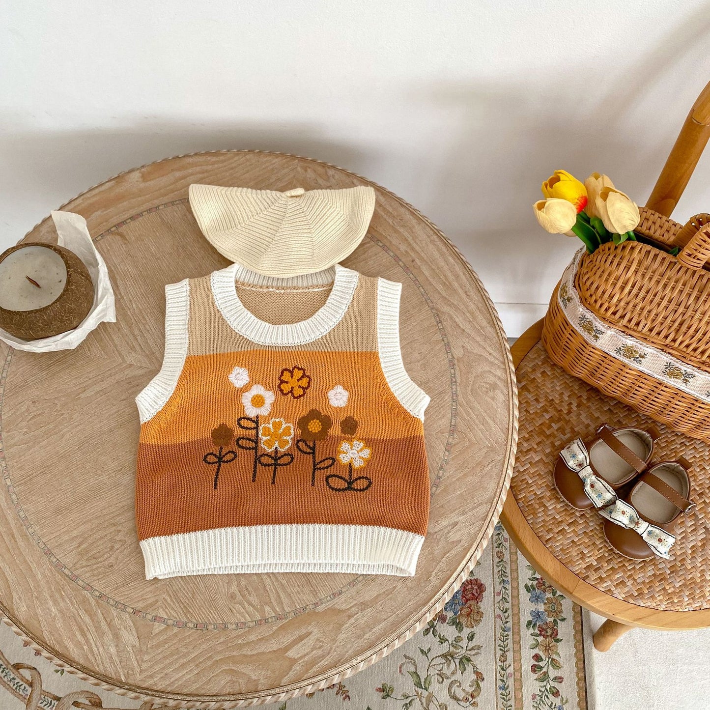 ベスト ベビーベスト ニットトップス フラワー刺繍 ボーダー【mh0006411】