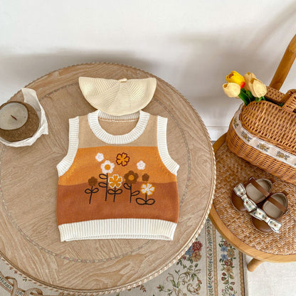 ベスト ベビーベスト ニットトップス フラワー刺繍 ボーダー【mh0006411】