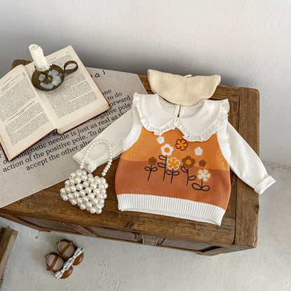 ベスト ベビーベスト ニットトップス フラワー刺繍 ボーダー【mh0006411】