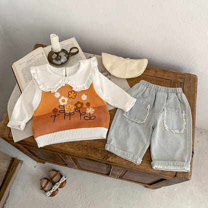 ベスト ベビーベスト ニットトップス フラワー刺繍 ボーダー【mh0006411】