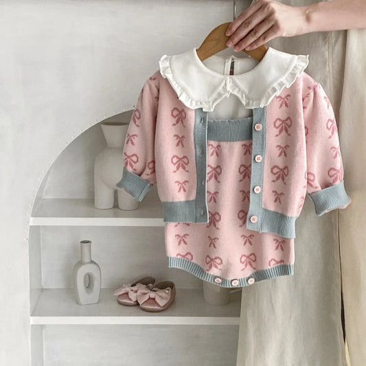 ロンパースセットアップ ベビーカーディガン/ロンパース ニットジャケット/ニットサスペンダーボディスーツ リボン【mh0006475】