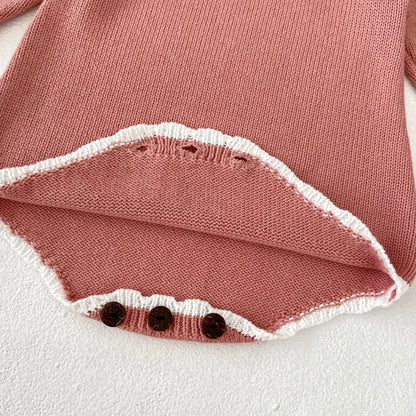 長袖ロンパース ベビーロンパース ニット 長袖ボディスーツ フラワー花柄刺繍 ピンク【mh0006565】