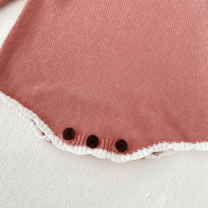 長袖ロンパース ベビーロンパース ニット 長袖ボディスーツ フラワー花柄刺繍 ピンク【mh0006565】