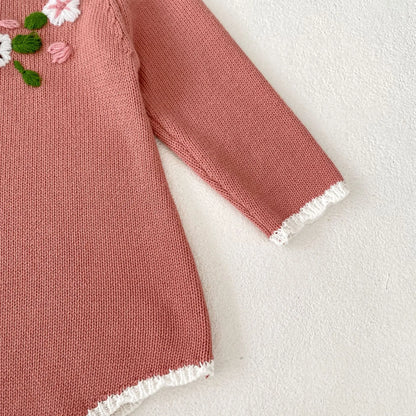 長袖ロンパース ベビーロンパース ニット 長袖ボディスーツ フラワー花柄刺繍 ピンク【mh0006565】