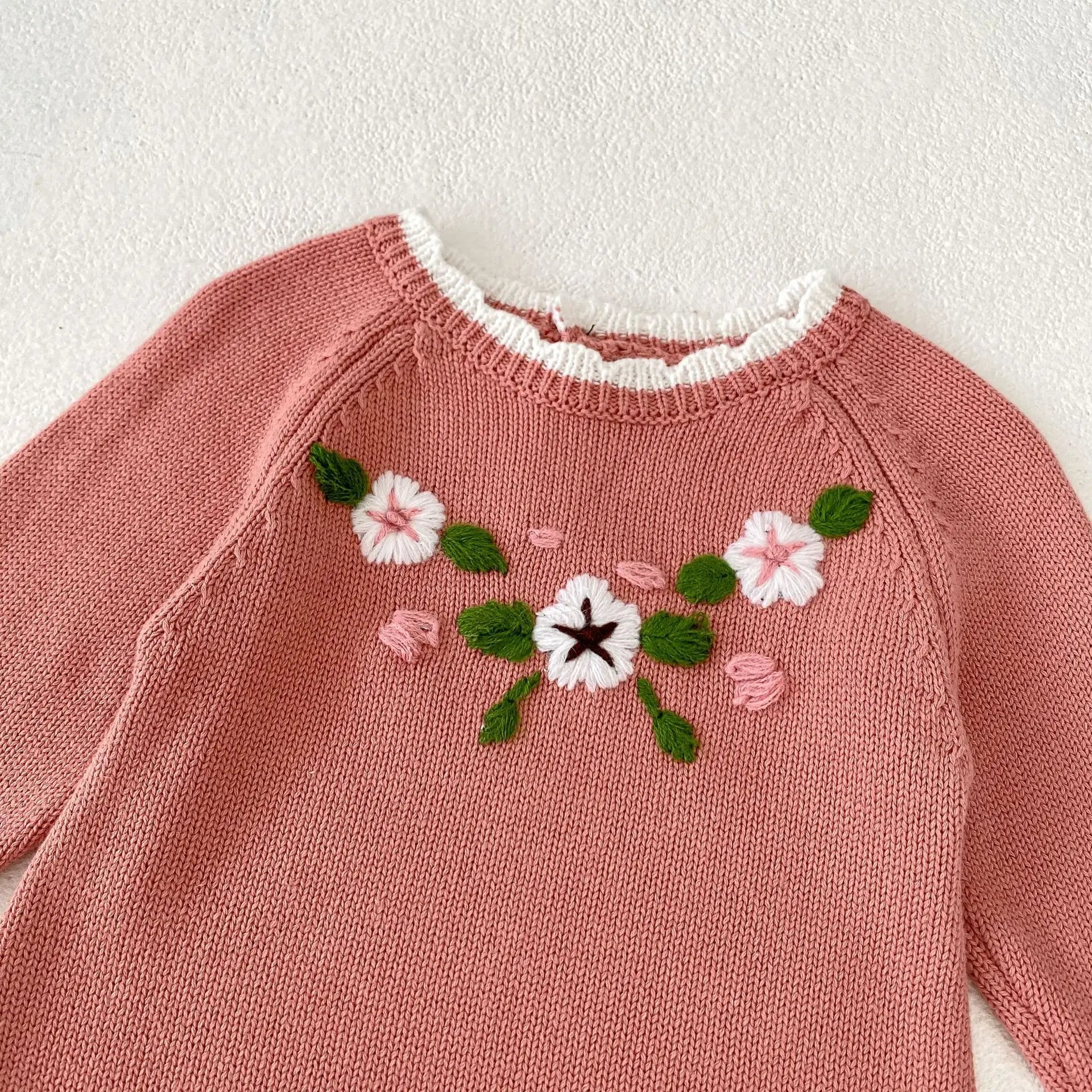 長袖ロンパース ベビーロンパース ニット 長袖ボディスーツ フラワー花柄刺繍 ピンク【mh0006565】