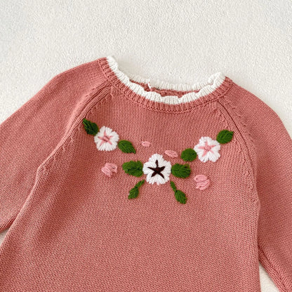 長袖ロンパース ベビーロンパース ニット 長袖ボディスーツ フラワー花柄刺繍 ピンク【mh0006565】