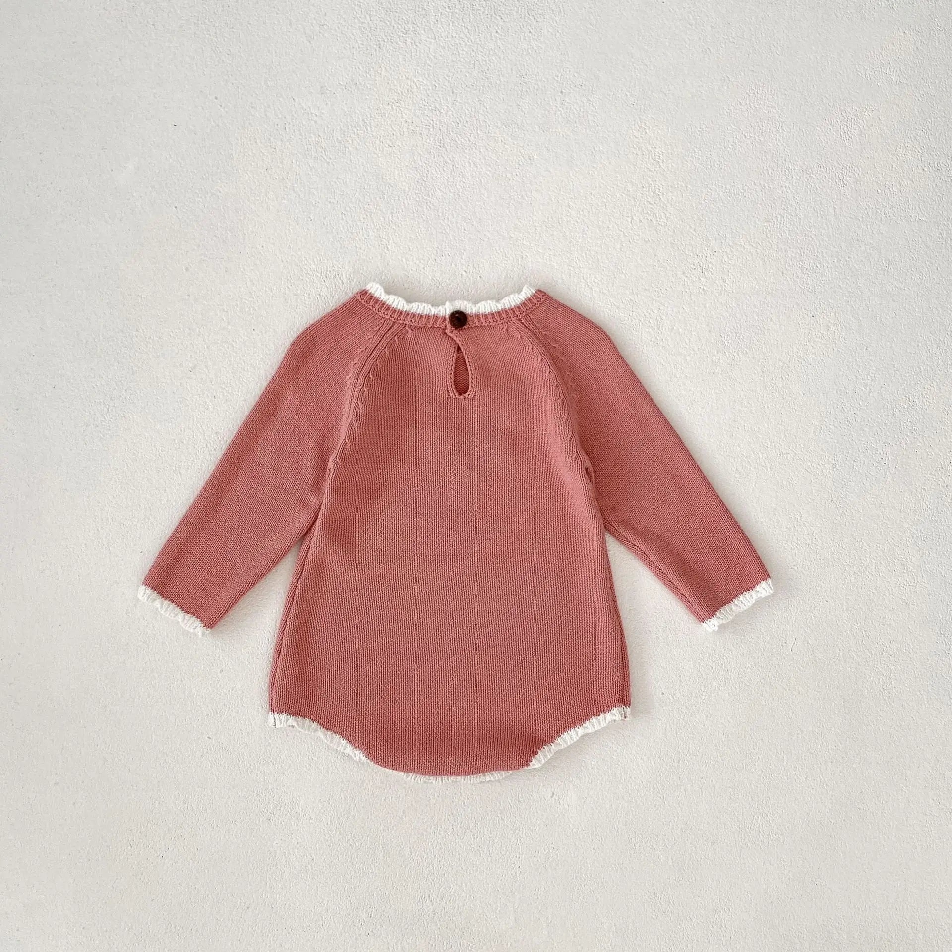 長袖ロンパース ベビーロンパース ニット 長袖ボディスーツ フラワー花柄刺繍 ピンク【mh0006565】