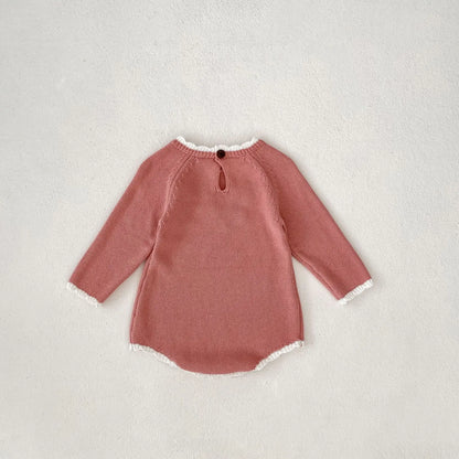 長袖ロンパース ベビーロンパース ニット 長袖ボディスーツ フラワー花柄刺繍 ピンク【mh0006565】