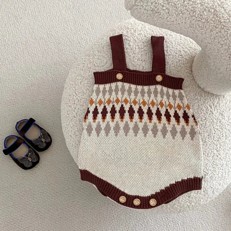 ロンパースセットアップ ベビーカーディガン/ロンパース レトロ幾何学ニットジャケット/サスペンダーニットボディスーツ【mh0006984】