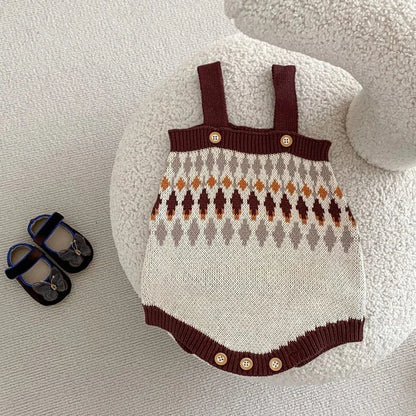 ロンパースセットアップ ベビーカーディガン/ロンパース レトロ幾何学ニットジャケット/サスペンダーニットボディスーツ【mh0006984】