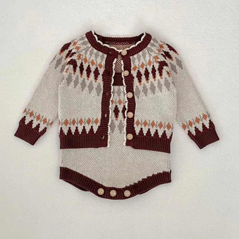 ロンパースセットアップ ベビーカーディガン/ロンパース レトロ幾何学ニットジャケット/サスペンダーニットボディスーツ【mh0006984】
