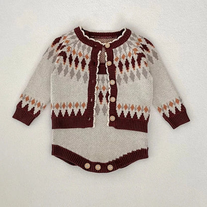 ロンパースセットアップ ベビーカーディガン/ロンパース レトロ幾何学ニットジャケット/サスペンダーニットボディスーツ【mh0006984】