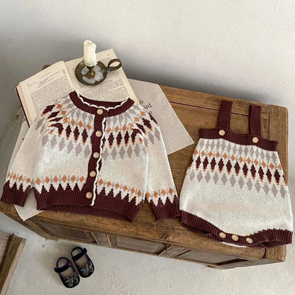 ロンパースセットアップ ベビーカーディガン/ロンパース レトロ幾何学ニットジャケット/サスペンダーニットボディスーツ【mh0006984】