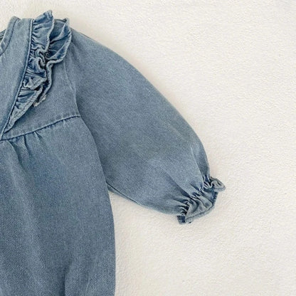 長袖ワンピース キッズワンピース デニムフリルアクセント長袖ワンピース【mh0006985】