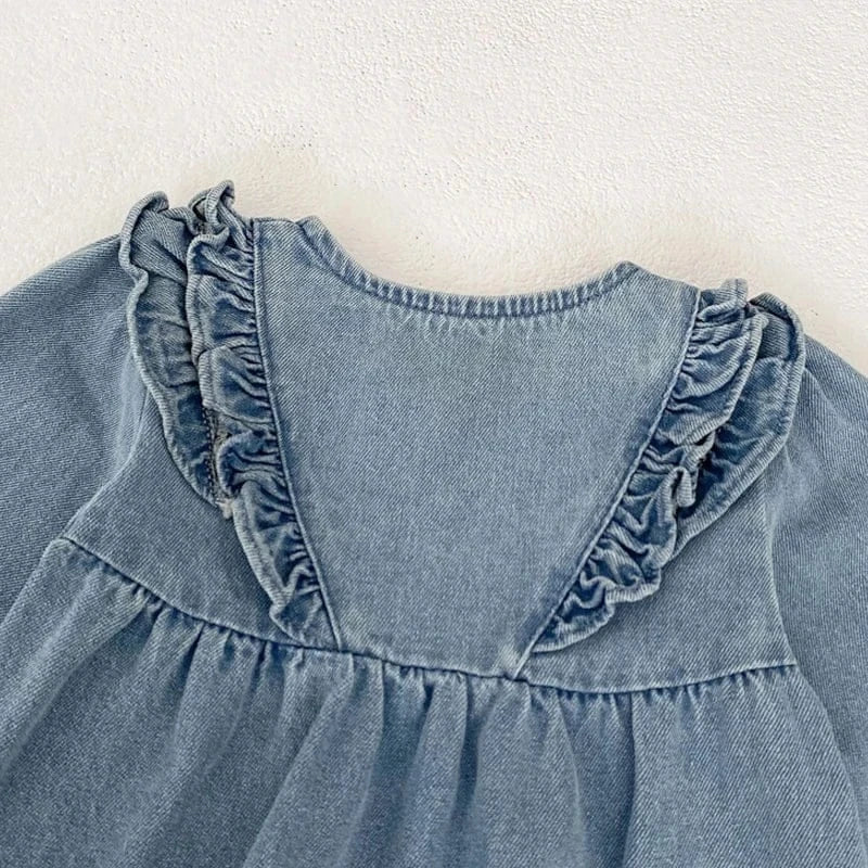 長袖ワンピース キッズワンピース デニムフリルアクセント長袖ワンピース【mh0006985】