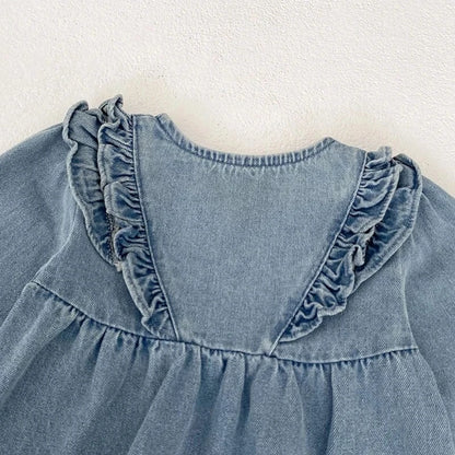 長袖ワンピース キッズワンピース デニムフリルアクセント長袖ワンピース【mh0006985】