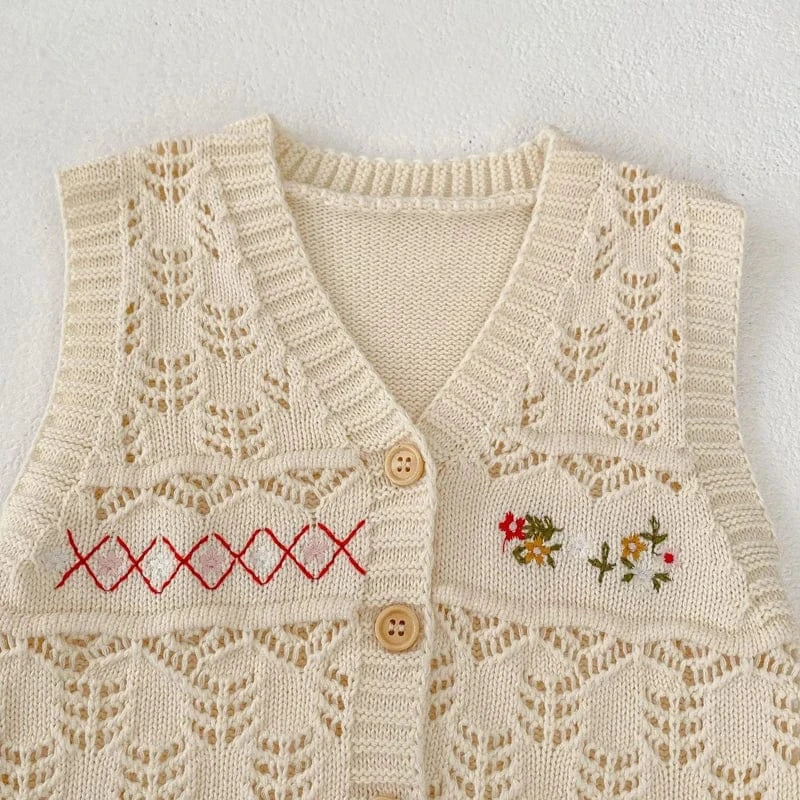 ベスト ベビーベスト フラワー刺繍レースニット前あきベスト ベージュ【mh0006987】