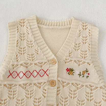 ベスト ベビーベスト フラワー刺繍レースニット前あきベスト ベージュ【mh0006987】