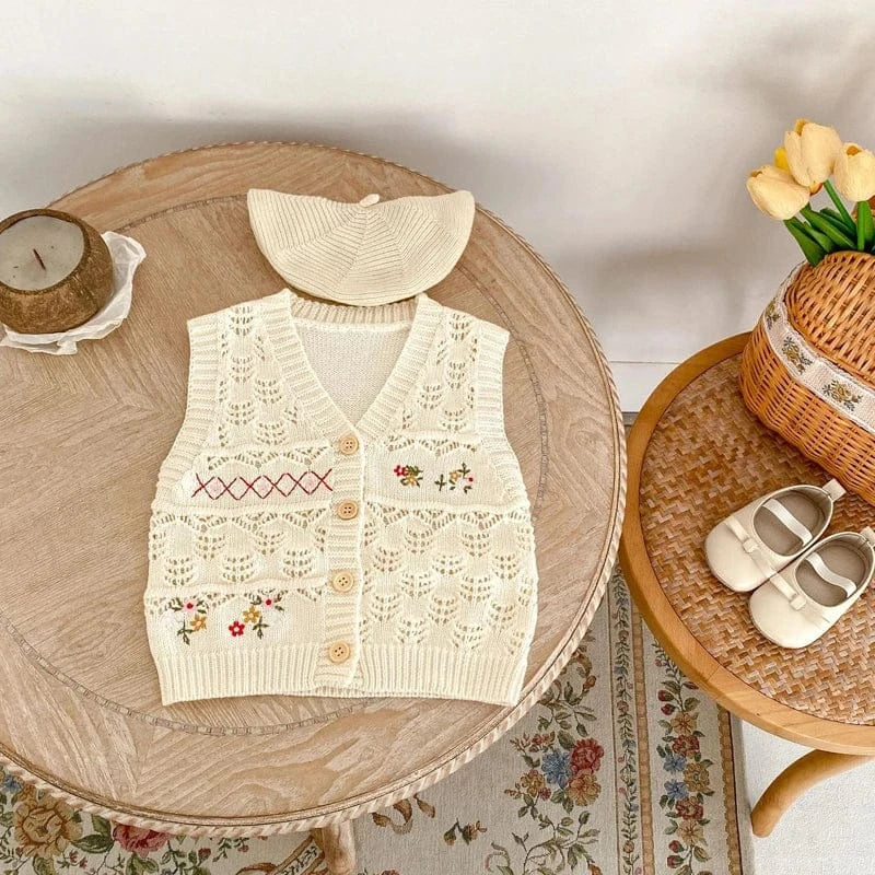 ベスト ベビーベスト フラワー刺繍レースニット前あきベスト ベージュ【mh0006987】