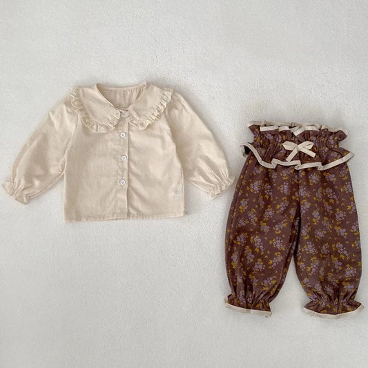 長袖セットアップ ベビートップス/パンツ フリル襟長袖ブラウス/フリルウエストフラワープリントロングパフパンツ【mh0006988】