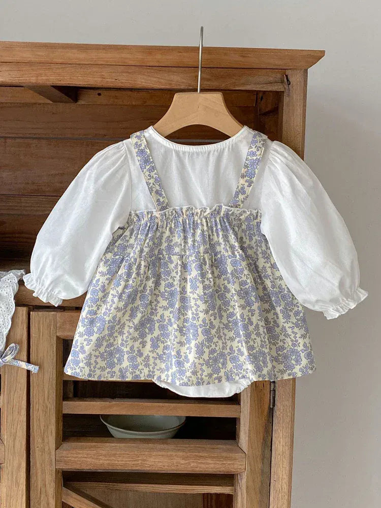 長袖ロンパース ベビーロンパース ドッキングスカートフラワープリント長袖ボディスーツ+ボンネット帽子セット【mh0006994】