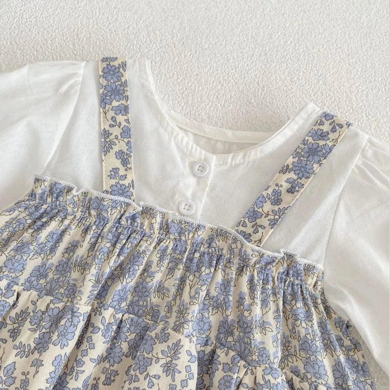 長袖ロンパース ベビーロンパース ドッキングスカートフラワープリント長袖ボディスーツ+ボンネット帽子セット【mh0006994】