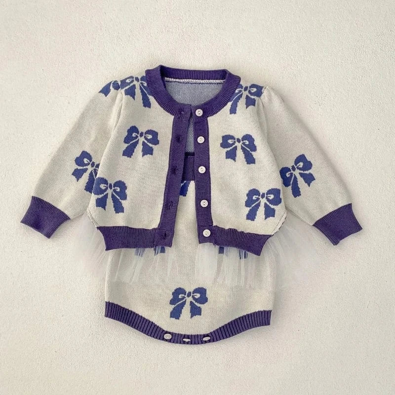 ロンパースセットアップ ベビーカーディガン/ロンパース リボン柄チュチュペプラムニットジャケット/サスペンダーボディスーツ【mh0007033】