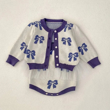 ロンパースセットアップ ベビーカーディガン/ロンパース リボン柄チュチュペプラムニットジャケット/サスペンダーボディスーツ【mh0007033】