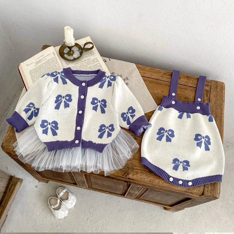 ロンパースセットアップ ベビーカーディガン/ロンパース リボン柄チュチュペプラムニットジャケット/サスペンダーボディスーツ【mh0007033】