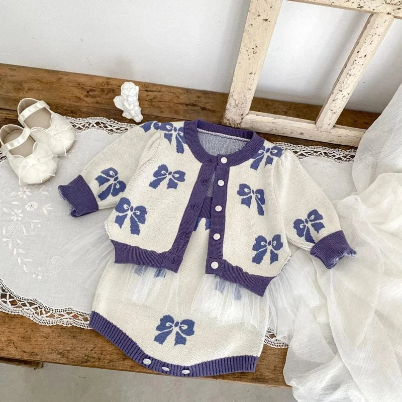 ロンパースセットアップ ベビーカーディガン/ロンパース リボン柄チュチュペプラムニットジャケット/サスペンダーボディスーツ【mh0007033】