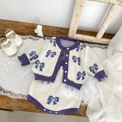 ロンパースセットアップ ベビーカーディガン/ロンパース リボン柄チュチュペプラムニットジャケット/サスペンダーボディスーツ【mh0007033】