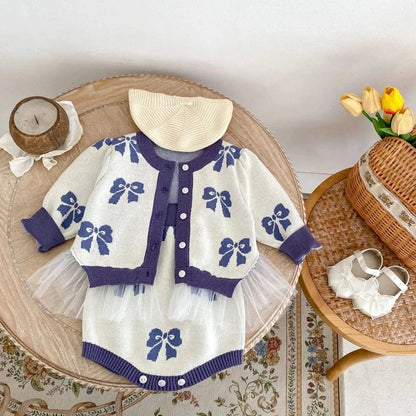 ロンパースセットアップ ベビーカーディガン/ロンパース リボン柄チュチュペプラムニットジャケット/サスペンダーボディスーツ【mh0007033】