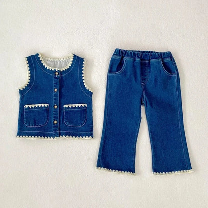 ノースリーブセットアップ ベビーキッズベスト/パンツ 縁取り前あきデニムベスト/デニムパンツジーンズ【mh0007034】