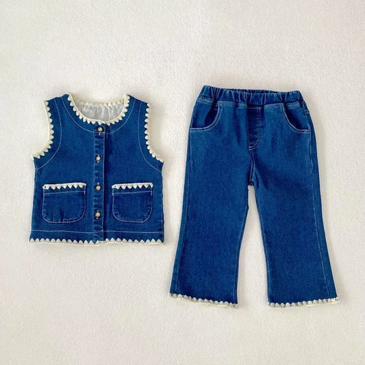 ノースリーブセットアップ ベビーキッズベスト/パンツ 縁取り前あきデニムベスト/デニムパンツジーンズ【mh0007034】