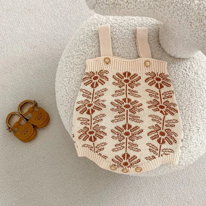 ロンパースセットアップ ベビーカーディガン/ロンパース ボタニカル北欧風フラワー柄ニットジャケット/サスペンダーボディスーツ【mh0007037】