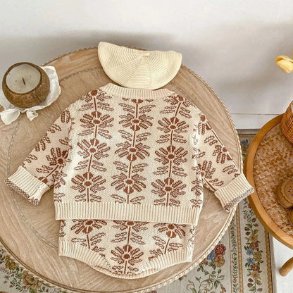 ロンパースセットアップ ベビーカーディガン/ロンパース ボタニカル北欧風フラワー柄ニットジャケット/サスペンダーボディスーツ【mh0007037】