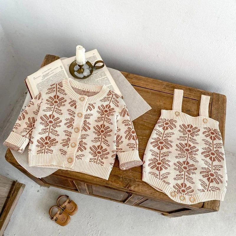 ロンパースセットアップ ベビーカーディガン/ロンパース ボタニカル北欧風フラワー柄ニットジャケット/サスペンダーボディスーツ【mh0007037】