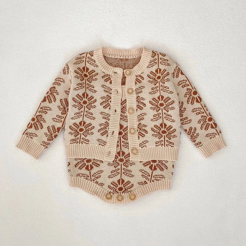 ロンパースセットアップ ベビーカーディガン/ロンパース ボタニカル北欧風フラワー柄ニットジャケット/サスペンダーボディスーツ【mh0007037】