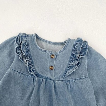 長袖ワンピース ベビーロンパース/キッズワンピース フリルデニム長袖ボディスーツ/長袖ワンピース リンクコーデ 姉妹 お揃いコーデ【mh0007104】