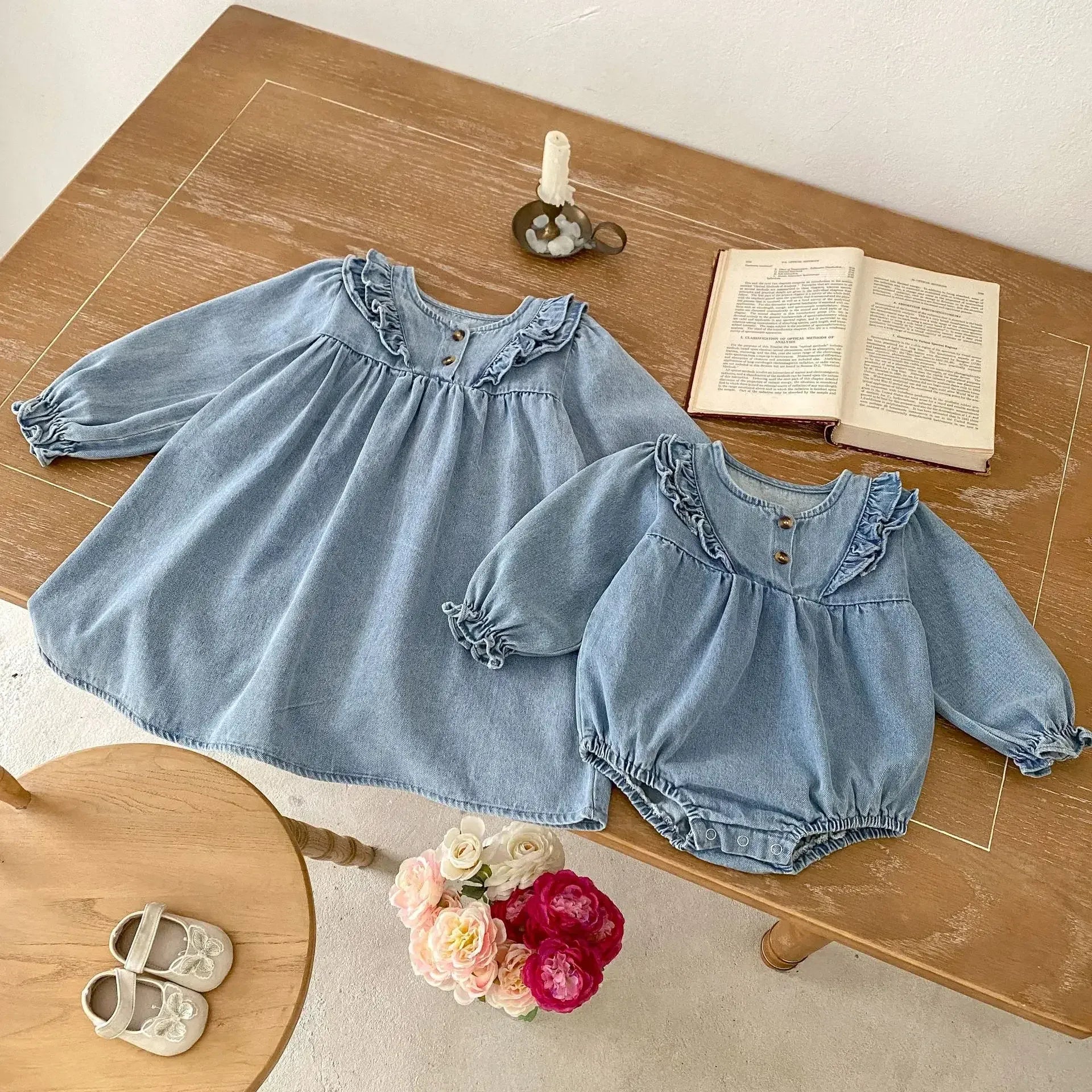 長袖ワンピース ベビーロンパース/キッズワンピース フリルデニム長袖ボディスーツ/長袖ワンピース リンクコーデ 姉妹 お揃いコーデ【mh0007104】