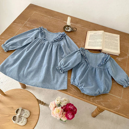 長袖ワンピース ベビーロンパース/キッズワンピース フリルデニム長袖ボディスーツ/長袖ワンピース リンクコーデ 姉妹 お揃いコーデ【mh0007104】