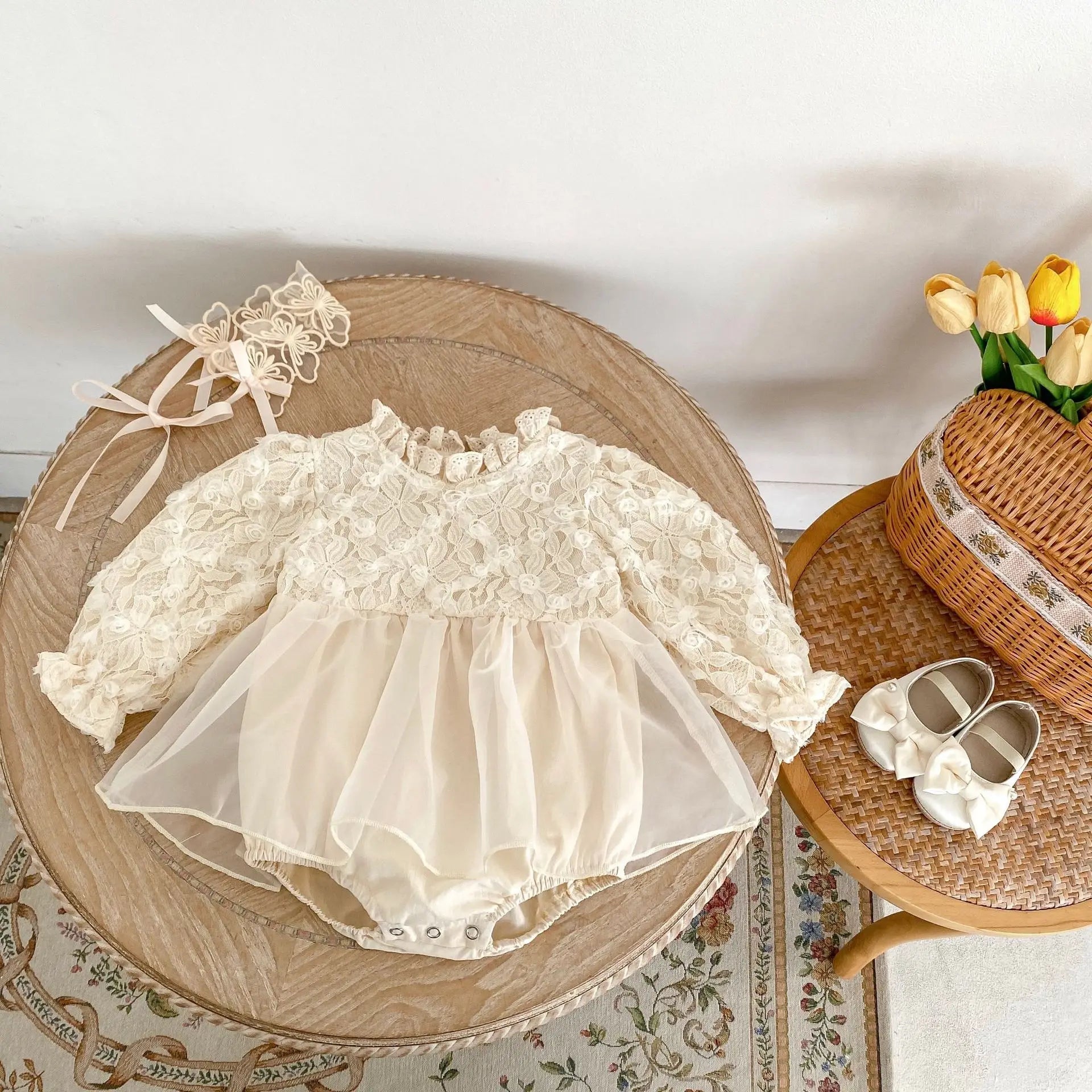 長袖ロンパース ベビーロンパース スタンドフリルカラーチュチュスカートドッキング長袖ドレスロンパース アプリコット【mh0007114】