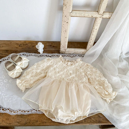 長袖ロンパース ベビーロンパース スタンドフリルカラーチュチュスカートドッキング長袖ドレスロンパース アプリコット【mh0007114】