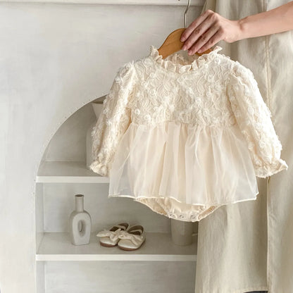 長袖ロンパース ベビーロンパース スタンドフリルカラーチュチュスカートドッキング長袖ドレスロンパース アプリコット【mh0007114】