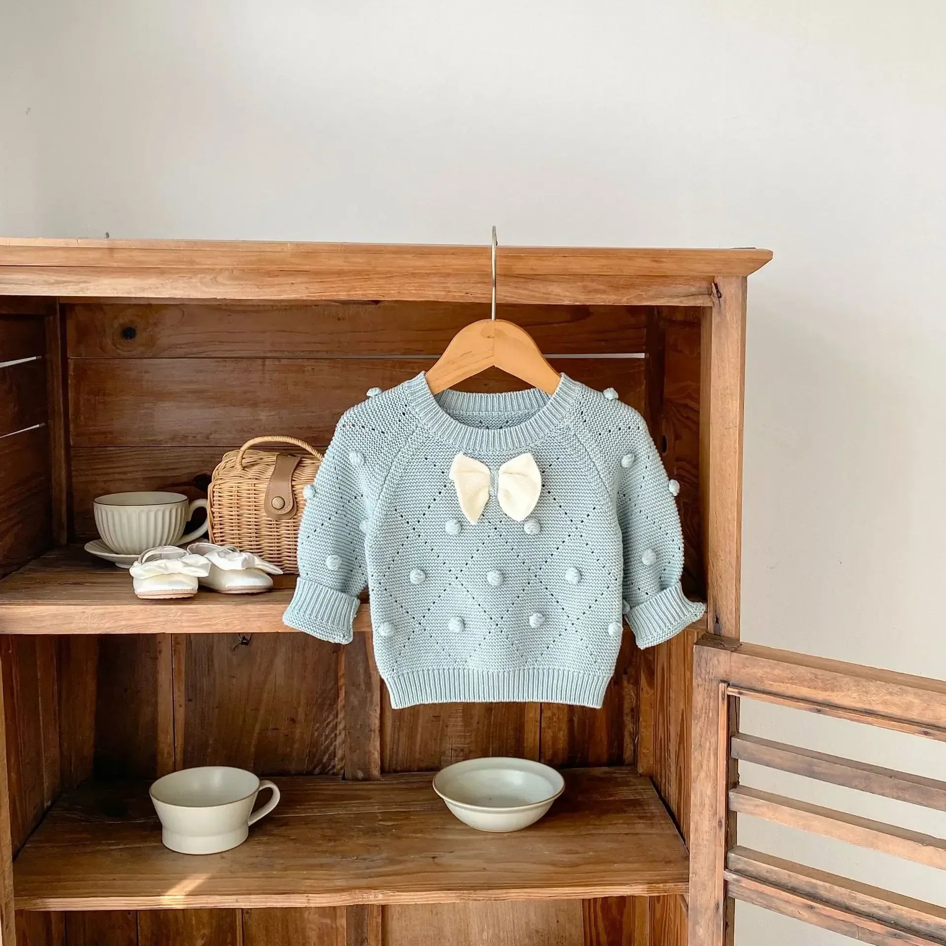 ニット・セーター ベビーキッズ リボンぽんぽんニットセーター ブルー【mh0007174】