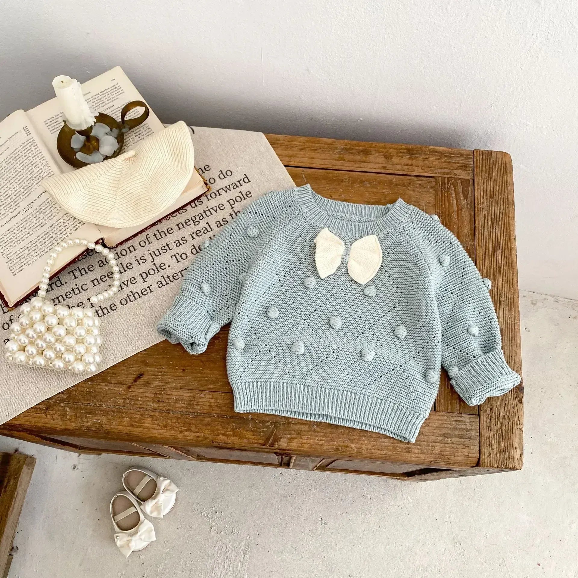 ニット・セーター ベビーキッズ リボンぽんぽんニットセーター ブルー【mh0007174】