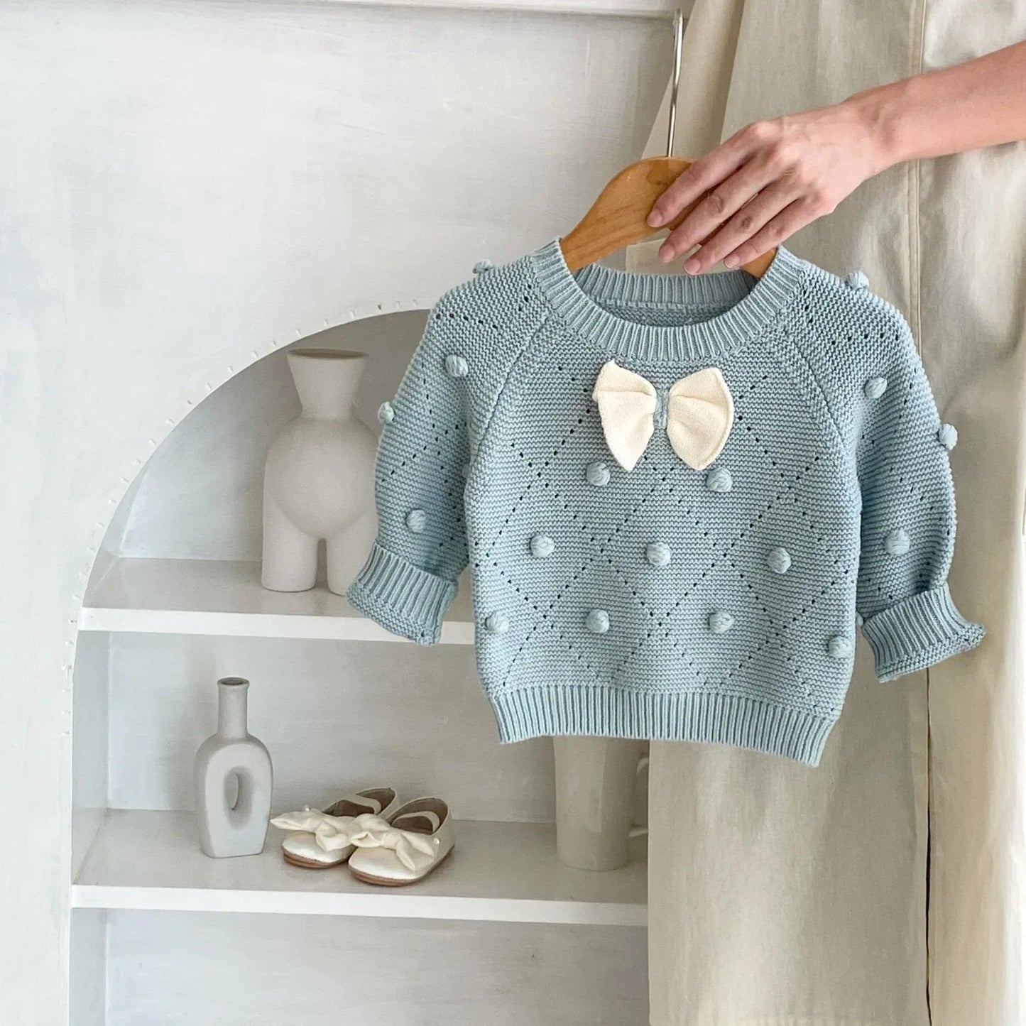 ニット・セーター ベビーキッズ リボンぽんぽんニットセーター ブルー【mh0007174】