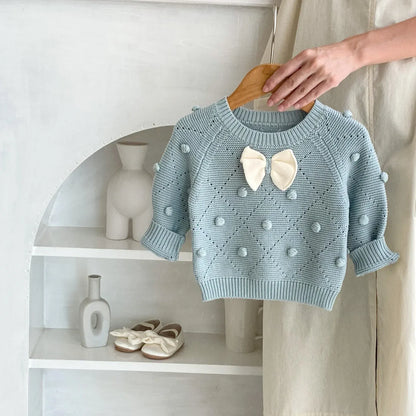 ニット・セーター ベビーキッズ リボンぽんぽんニットセーター ブルー【mh0007174】