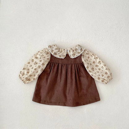 長袖セットアップ ベビーキッズトップス/ワンピース フラワー小花柄プリントラッフル襟長袖ブラウス/ノースリーブ刺繍ポケットジャンパースカート【mh0007176】