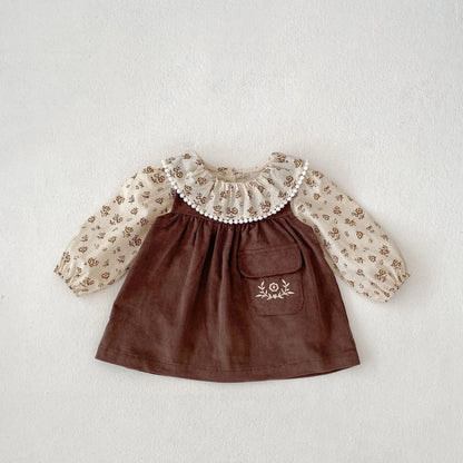 長袖セットアップ ベビーキッズトップス/ワンピース フラワー小花柄プリントラッフル襟長袖ブラウス/ノースリーブ刺繍ポケットジャンパースカート【mh0007176】